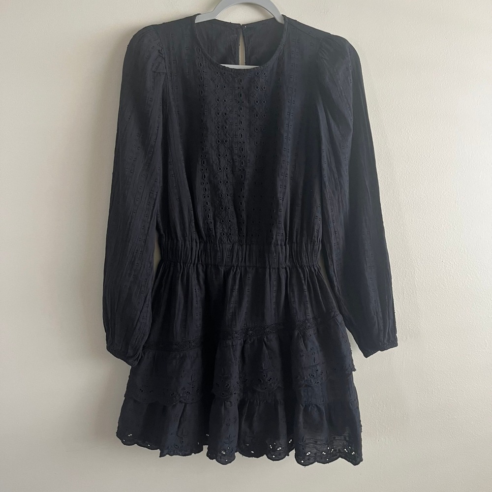 Zara Black Eyelet Embroidered Mini Dress Tiered Ruffle Long Sleeve Size S